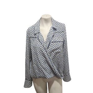 Veronica Beard Silk Wrap Blouse Size 10 Blue White Print Long Sleeve